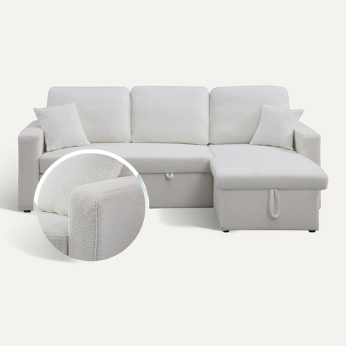 Canapé D'angle Convertible/reversible Avec Coffre "alain" - 3 Places - Bouclettes -  Blanc