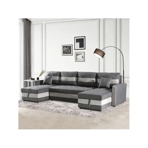 Canapé Panoramique Convertible Avec Coffres De Rangement "antoine" - 5 Places - Gris Foncé/ Gris Cla