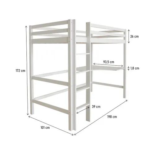 Lit Enfant Mezzanine Avec Echelle Réversible Et Bureau "angéla" 90 X 190 Cm - Blanc