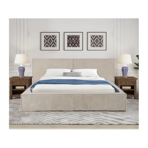 Lit Coffre En Velours Côtelé "courchevel" - 180 X 200 Cm - Beige
