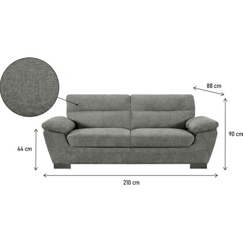 Canapé Fixe En Tissu "dallas" - 210 X 88 X 90 Cm - 3 Places - Gris