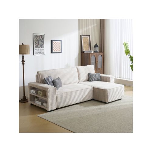 Canapé D'angle En Velours Côtelé "opera" - 3 Places - Beige