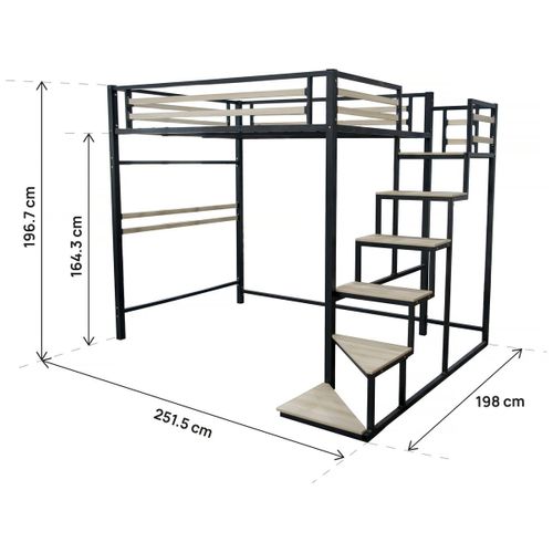 Lit Mezzanine En Métal Avec Escalier "lena" - 140 X 190 Cm - Noir