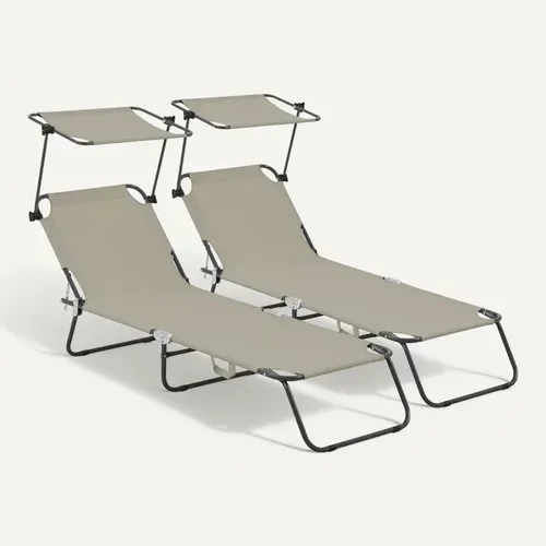 Lot De 2 Bains De Soleil Pliable "lazy" - Avec Pare Soleil - Taupe