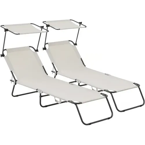 Lot De 2 Bain De Soleil Pliable "lazy" - Avec Pare Soleil - Beige