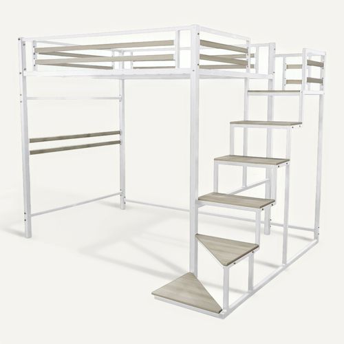 Lit Mezzanine En Métal Avec Escalier "lena" - 140 X 190 Cm - Blanc