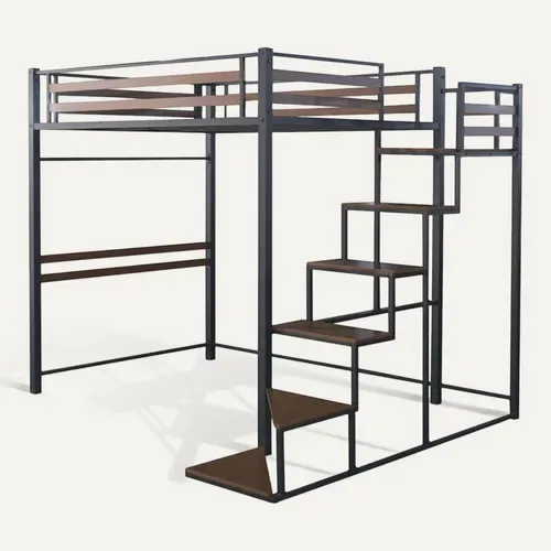 Lit Mezzanine En Métal Avec Escalier "lena" - 140 X 190 Cm - Noir Et Marron Noyer