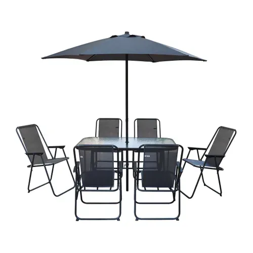 Table Et Chaises De Jardin Avec Parasol En Métal "convivia" - 6 Places - Gris Anthracite