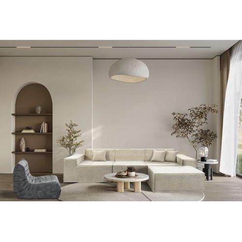 Canapé Compressé Avec Ottoman En Tissu Texturé "lusso" - 4 Places - Beige