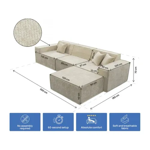 Canapé Compressé Avec Ottoman En Tissu Texturé "lusso" - 4 Places - Beige