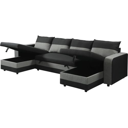Canapé Panoramique Convertible 4 Places "Victor" Tissu Noir - Couchage 113x264 cm