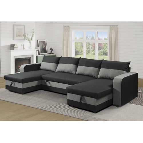 Canapé Panoramique Convertible 4 Places "Victor" Tissu Noir - Couchage 113x264 cm