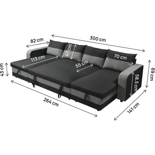 Canapé Panoramique Convertible 4 Places "Victor" Tissu Noir - Couchage 113x264 cm