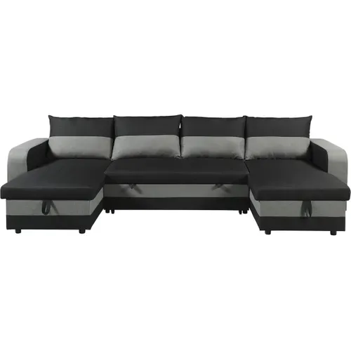 Canapé Panoramique Convertible 4 Places "Victor" Tissu Noir - Couchage 113x264 cm