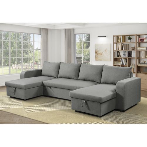 Canapé Panoramique Convertible 4 Places "Victor" Gris - Couchage 113x264 cm