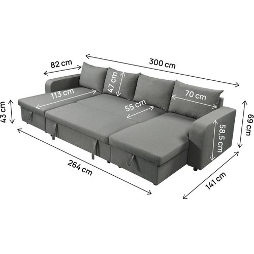 Canapé Panoramique Convertible 4 Places "Victor" Gris - Couchage 113x264 cm