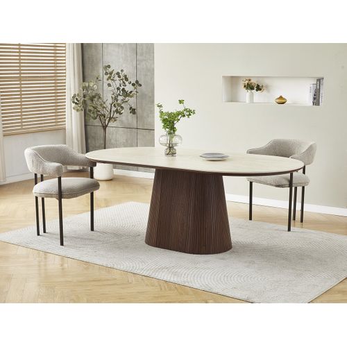 Table à Manger Ovale En Pierre Et Bois "portofino" - 8 Places - Travertin Et Marron