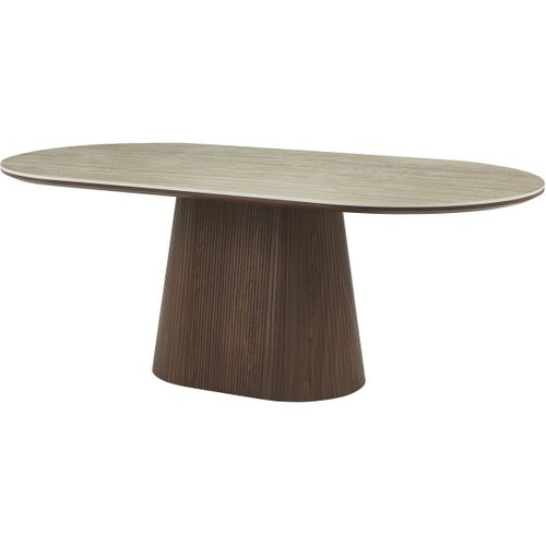 Table à Manger Ovale En Pierre Et Bois "portofino" - 8 Places - Travertin Et Marron
