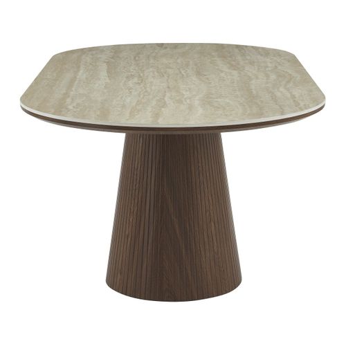 Table à Manger Ovale En Pierre Et Bois "portofino" - 8 Places - Travertin Et Marron