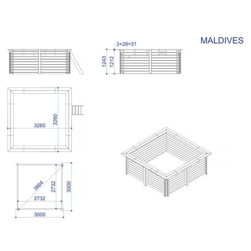 Piscine Bois Rectangle " Maldives  " - 3.20 X 3.20 X 1.24  M + Bâche à Bulles 180 Μ - Bâche Hiver 28
