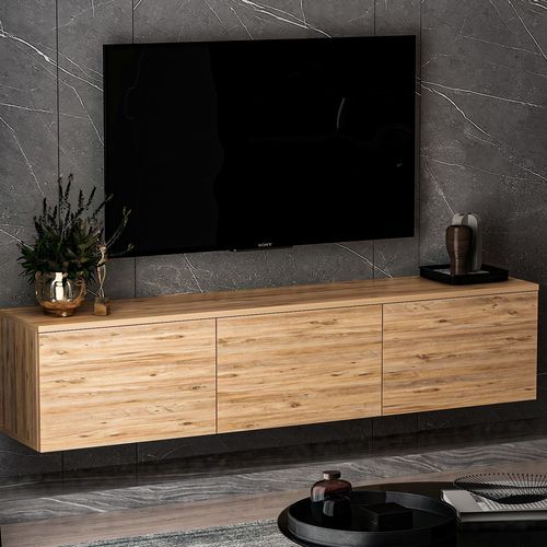 Meuble TV Suspendu En Bois Avec éclairage LED "neon" - 160 X 32 X 35 Cm - Marron Clair