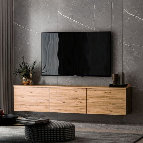 Meuble TV Suspendu En Bois Avec éclairage LED "neon" - 160 X 32 X 35 Cm - Marron Clair