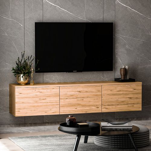 Meuble TV Suspendu En Bois Avec éclairage LED "neon" - 160 X 32 X 35 Cm - Marron Clair