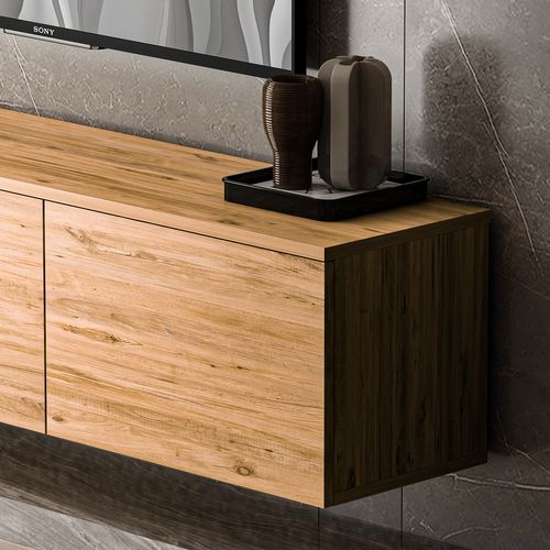 Meuble TV Suspendu En Bois Avec éclairage LED "neon" - 160 X 32 X 35 Cm - Marron Clair