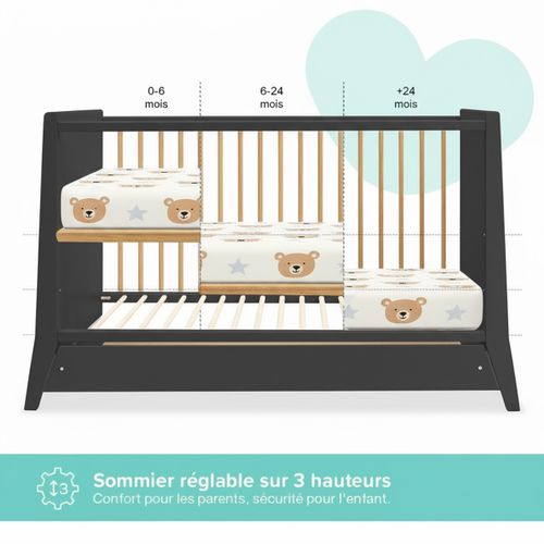 Lit Bébé évolutif Avec Tiroir Timeo 60x120 Cm (matelas Non Inclus) - Gris et Bois