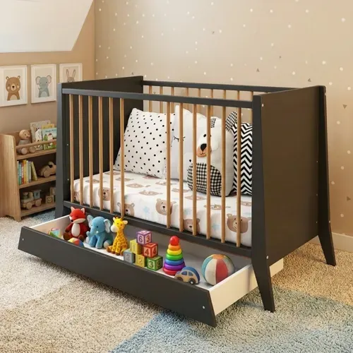 Lit Bébé évolutif Avec Tiroir Timeo 60x120 Cm (matelas Non Inclus) - Gris et Bois