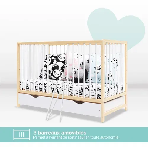 Lit Bébé évolutif Avec Tiroir Mathis 60x120 Cm (matelas Non Inclus) - Bois Naturel Et Blanc