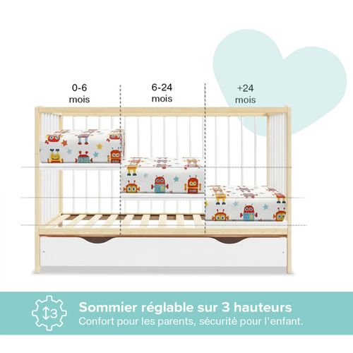 Lit Bébé évolutif Avec Tiroir Mathis 60x120 Cm (matelas Non Inclus) - Bois Naturel Et Blanc