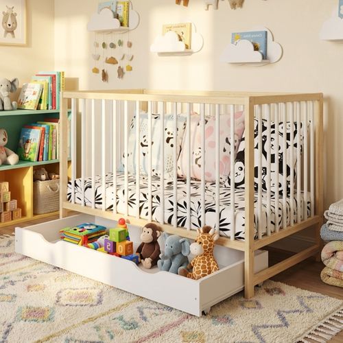 Lit Bébé évolutif Avec Tiroir Mathis 60x120 Cm (matelas Non Inclus) - Bois Naturel Et Blanc