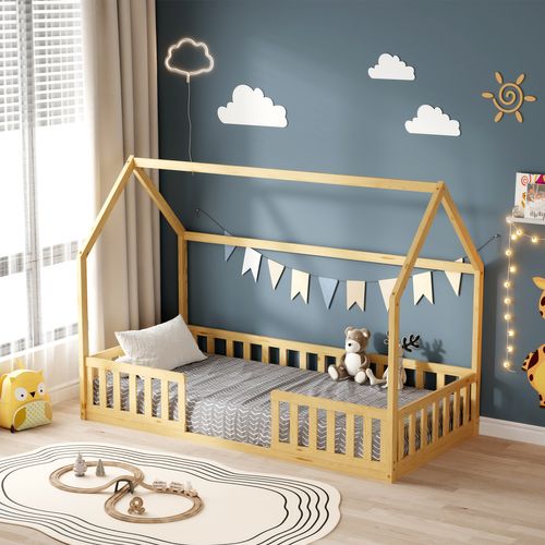Lit Cabane Avec Barrière Nid Enchanté 90x190 Cm - Bois Naturel