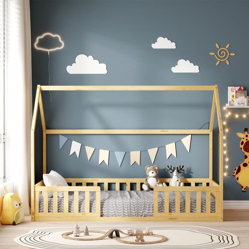Lit Cabane Avec Barrière Nid Enchanté 90x190 Cm - Bois Naturel