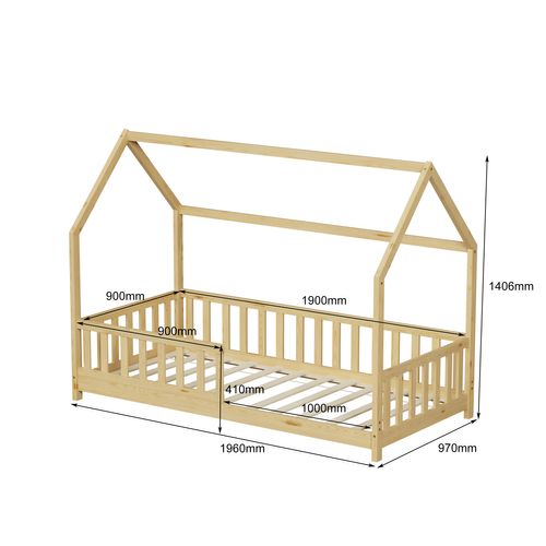 Lit Cabane Avec Barrière Tchoupi 90x190 Cm - Bois Naturel