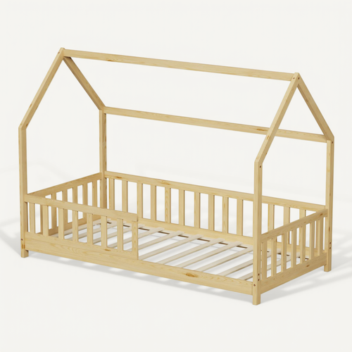 Lit Cabane Avec Barrière Tchoupi 90x190 Cm - Bois Naturel