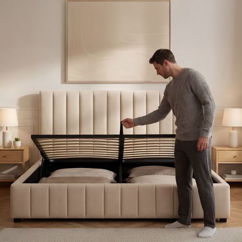 Lit Coffre Velours Beige Trocadero 140x190 Cm