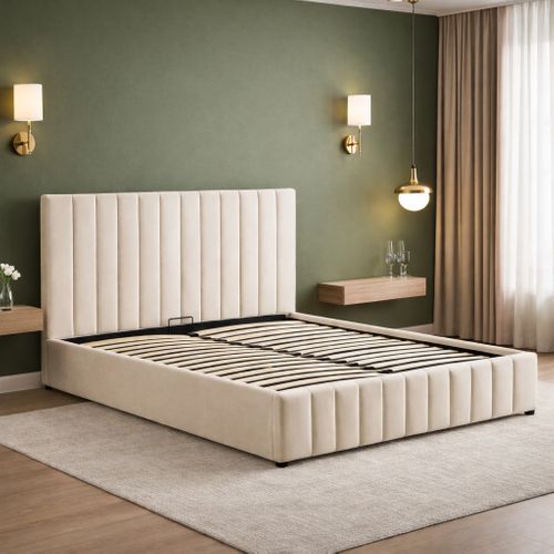 Lit Coffre Velours Beige Trocadero 140x190 Cm