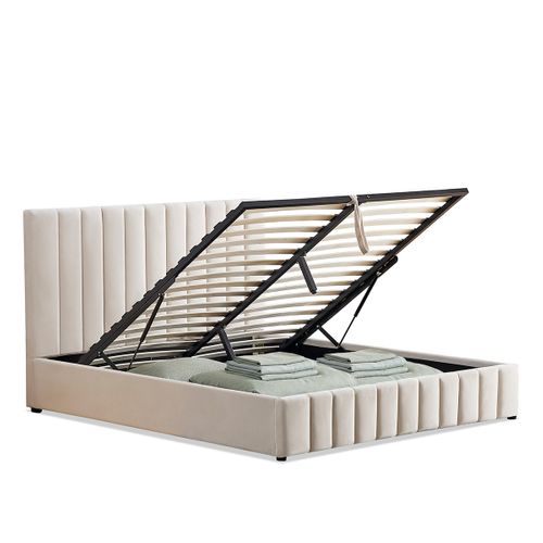 Lit Coffre Velours Beige Trocadero 140x190 Cm