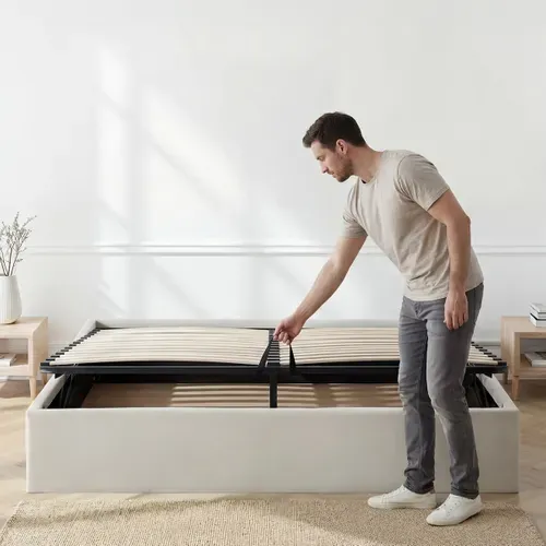 Lit Coffre Tissu Beige Atlas 160x200 Cm