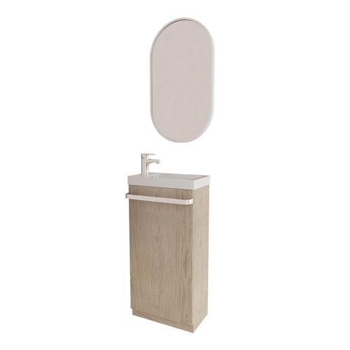 Meuble Lave-mains Sur Pieds Johann Décor Chêne + Vasque + Robinet + Miroir