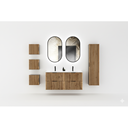 AICA Ensemble Meuble De Salle De Bain Double Vasque 120cm Avec 4 Tiroirs Lavabo 2 Led Miroirs Rond 60cm Anthracite