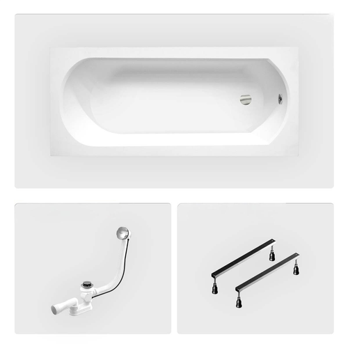 Baignoire Rectangulaire - 150 X 75 Cm - Avec Tablier Blanc - Pieds - Vidage Chrome - Intrica
