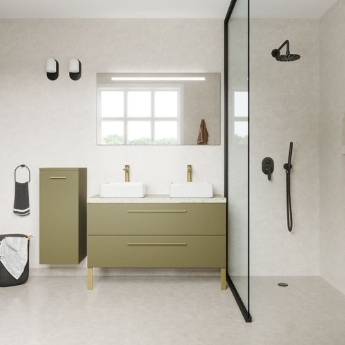 Meuble De Salle De Bain 2 Vasques Posées 120cm 2 Tiroirs Vert + Miroir - Glasgow