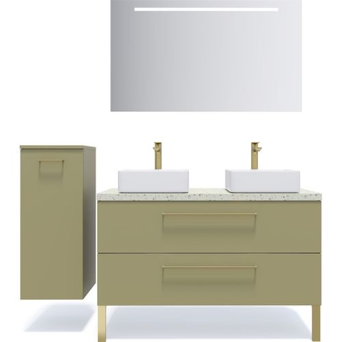 Meuble De Salle De Bain 2 Vasques Posées 120cm 2 Tiroirs Vert + Miroir - Glasgow