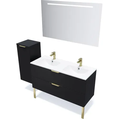 Meuble De Salle De Bain Double Vasque 120cm 2 Tiroirs Noir + Miroir - Venice