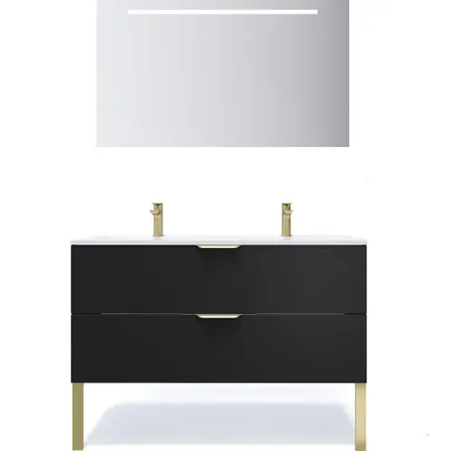 Meuble De Salle De Bain Double Vasque 120cm 2 Tiroirs Noir + Miroir - Venice