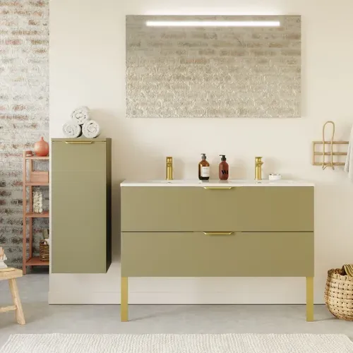 Meuble De Salle De Bain Double Vasque 120cm 2 Tiroirs Vert + Miroir - Venice