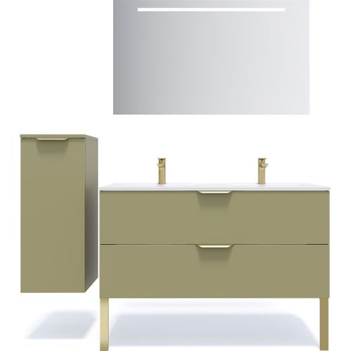 Meuble De Salle De Bain Double Vasque 120cm 2 Tiroirs Vert + Miroir - Venice